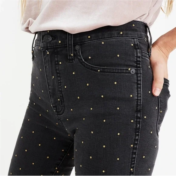 Madewell 10" High Rise Skinny Jeans Faded Black with Gold Polka Dots - Picture 3 of 6